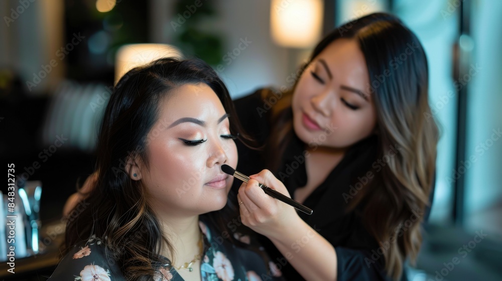 Asian makeup artist transforming clients for a special event or photoshoot Asian makeup artist transforming clients for a special event or photoshoot