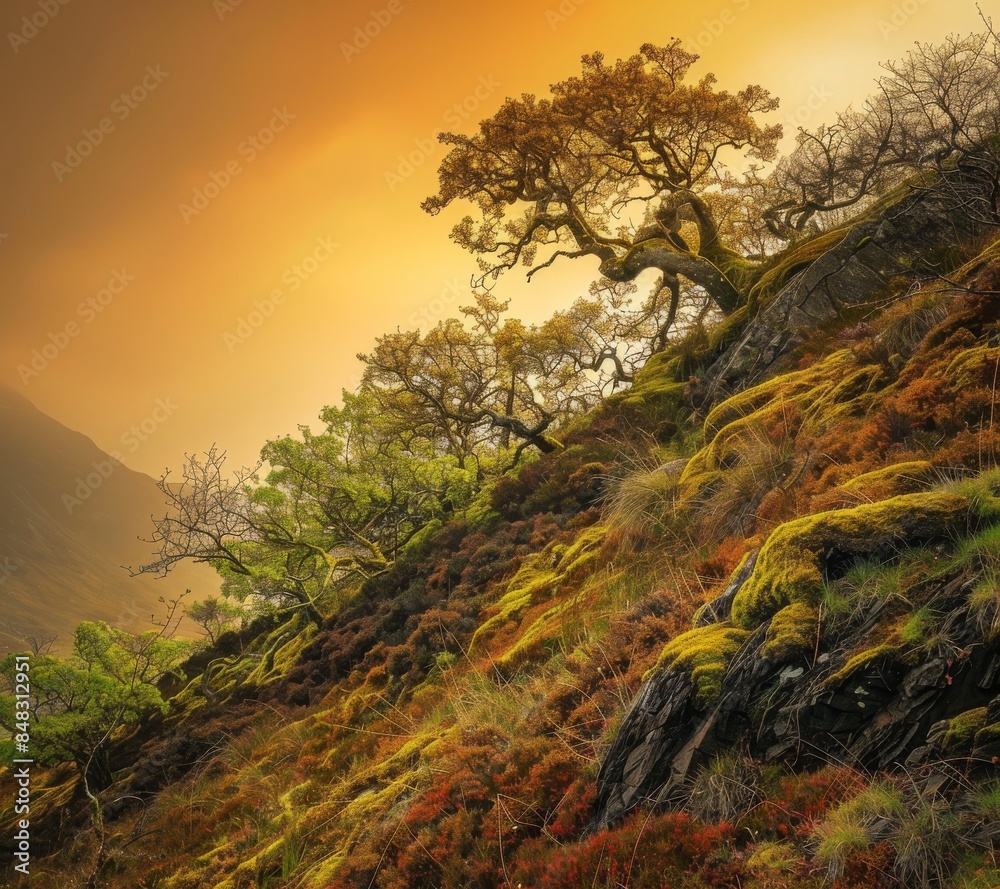 Obraz premium Hillside with dark brown and green vegetation, illuminated by orange light. The scene includes an old tree on the right side of the picture, with a yellow sky in the background.