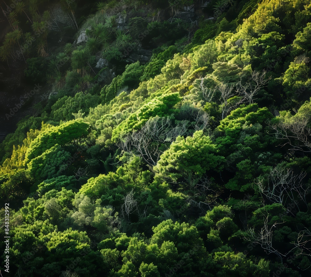 A high resolution photo of the edge of an alien forest on top of a mountain in Hawaii, rolling hills and lush green vegetation, with misty light filtering through the trees A high resolution photo of the edge of an alien forest on top of a mountain in Hawaii, rolling hills and lush green vegetation, with misty light filtering through the trees