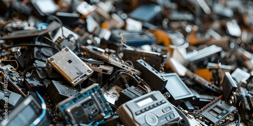 Background filled with electronic waste. Concept Environmental Issues, E-Waste Pollution, Technology Impact, Recycling Efforts, Sustainable Practices