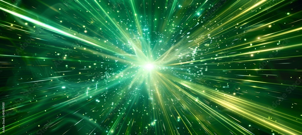 Naklejka premium Ethereal green light burst abstract radiant rays on dark green backdrop with golden sparkles