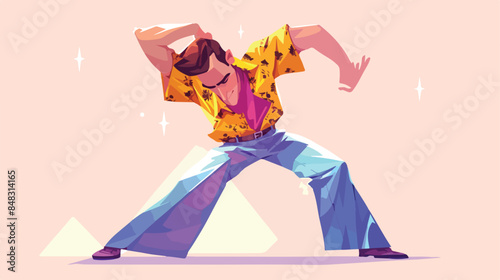 Young man in retro bell bottomed trousers dancing d