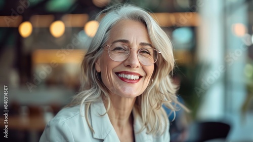 A mature woman wearing white shirt with glasses is smiling and looking at the camera.