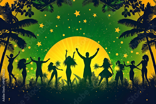 Silhouettes Dancing at Sunset under Starry Sky with Palm Trees and Green Yellow Glow. Brazil Independence Day © Svetlana Kolpakova