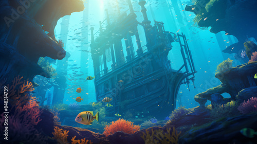 Wallpaper Mural Serene Underwater Scene: Coral Reef, Colorful Fish, and Sunken Shipwreck Torontodigital.ca