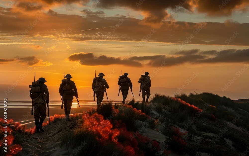 Fototapeta premium Soldiers Marching at Sunset on Beach