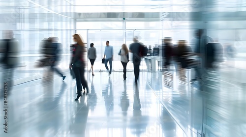 businesspeople in a blur on a background of white glass offices © kinza