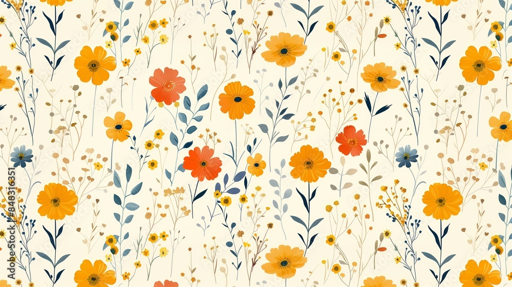 Beautiful watercolor seamless pattern of red yellow flowers and leaves on beige background, banner Beautiful watercolor seamless pattern of red yellow flowers and leaves on beige background, banner