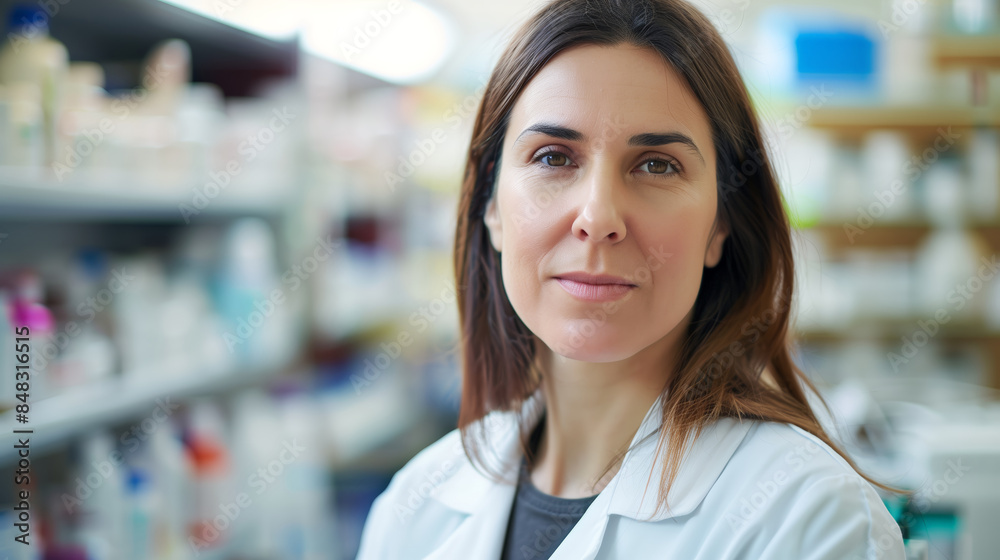Portrait of smiling female pharmacist standing in a drug store. Female healthcare worker in pharmacy Portrait of smiling female pharmacist standing in a drug store. Female healthcare worker in pharmacy