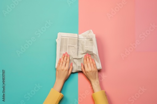 Woman's hands holding newspapers on colorful backdrop