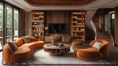 Interior design of a living room in Chinese style, furnished with wooden TV unit, coffee table, sofa, and spiral staircase; New Classicism with distinct clarity; Visualized photo