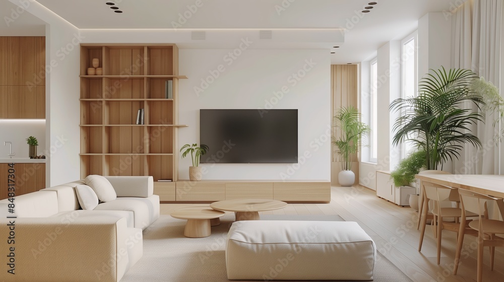 Modern stylish interior of bright spacious living room with beige sofa and large panoramic window