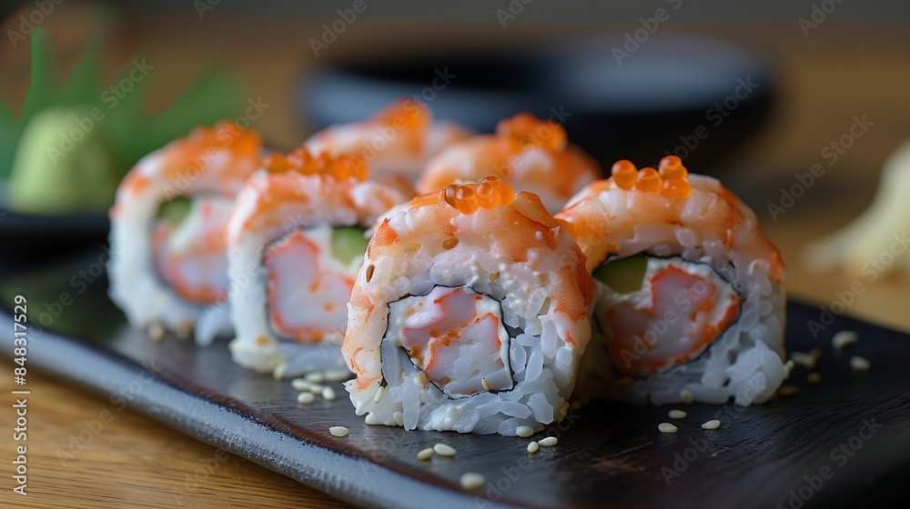 Delicious fresh sushi roll set of philadelphia cheese with salmon and shrimp served on a stone board Delicious fresh sushi roll set of philadelphia cheese with salmon and shrimp served on a stone board