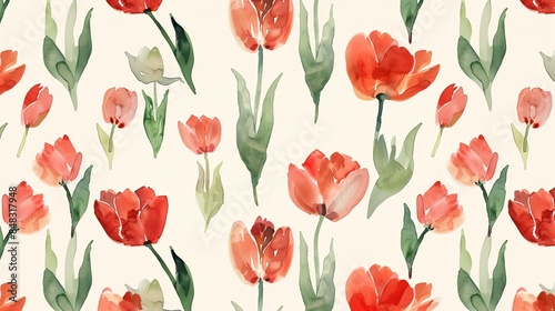 Botanical Watercolor hand draw illustration of colorful red tulips, pattern