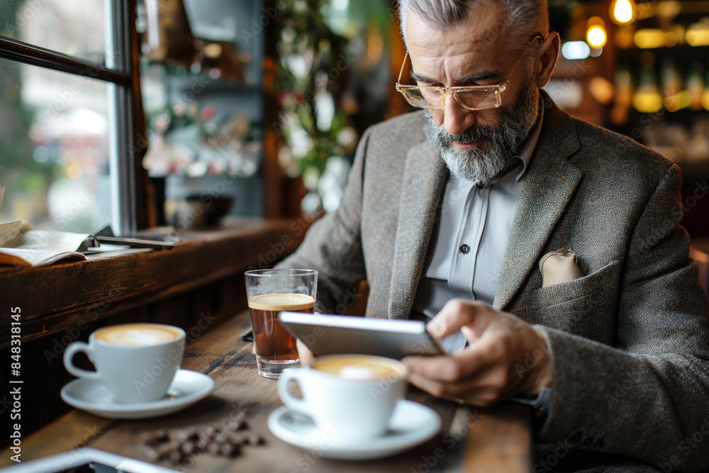 A Man Reading On His Tablet In A Coffee House: Enjoying A Cup Of Coffee And Croissants At A Cozy Table, Surrounded By The Warm Ambiance Of The Café. A Man Reading On His Tablet In A Coffee House: Enjoying A Cup Of Coffee And Croissants At A Cozy Table, Surrounded By The Warm Ambiance Of The Café.