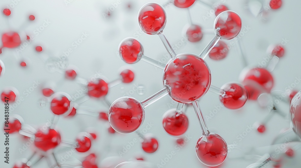 3D rendering of red molecular structures against a light neutral background, representing scientific research, biology, or chemistry concepts. 3D rendering of red molecular structures against a light neutral background, representing scientific research, biology, or chemistry concepts.