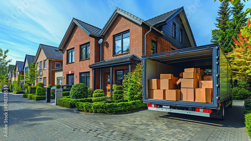 Residential street with a moving truck parked
