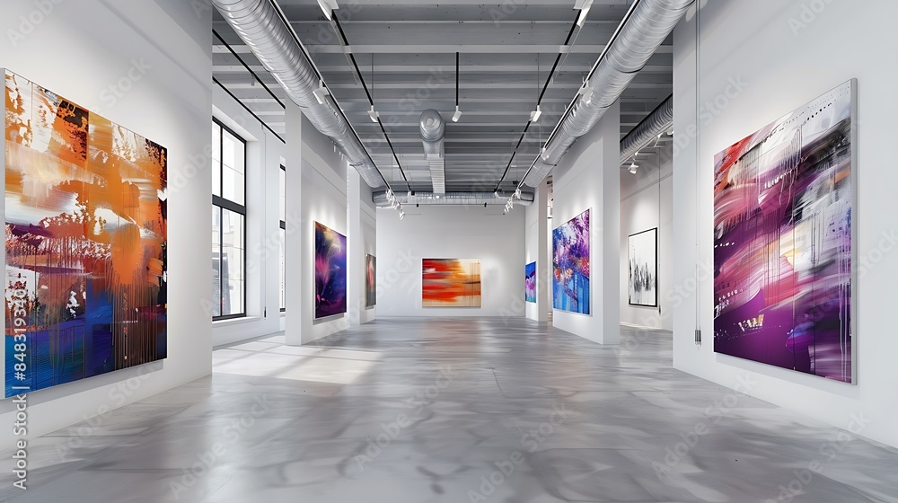 A contemporary art gallery with high ceilings and white walls, displaying a series of expressive paintings that create a dynamic and visually engaging experience.