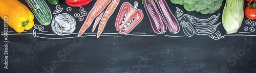 Panel kuchenny z motywem Top view of fresh vegetables on a black chalkboard background with chalk drawings of kitchen utensils. Concept of healthy eating and cooking.