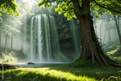 A cascading waterfall and a man-made fountain add beauty to a natural park landscape