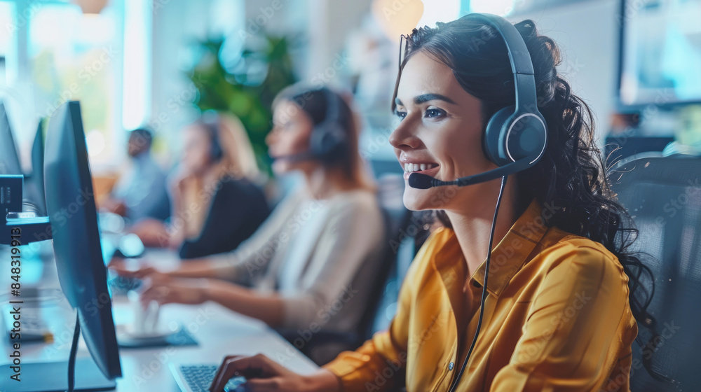 The customer service representative answers the question with a smile. Young female call center operator. The customer service representative answers the question with a smile. Young female call center operator.
