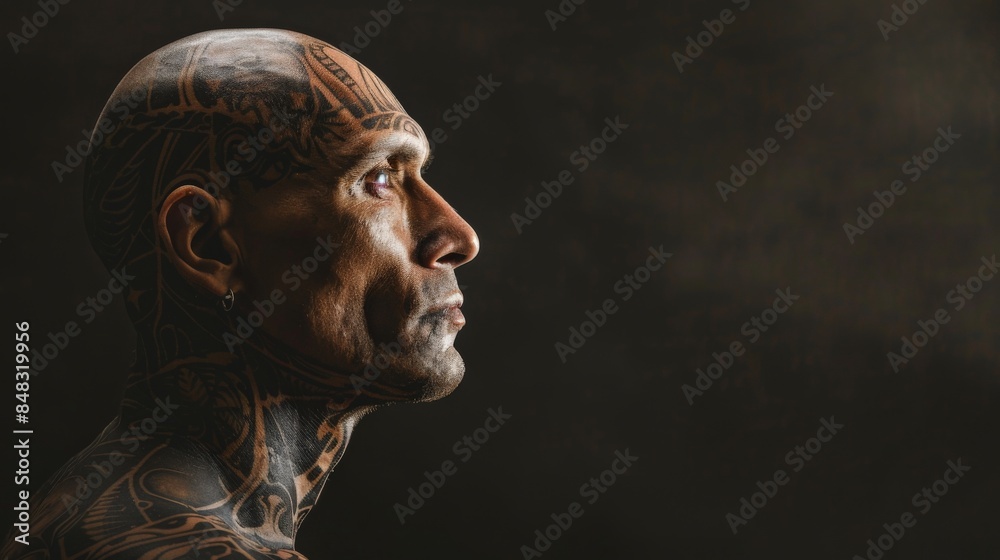 A tattooed man with a shaved head looks off to the side