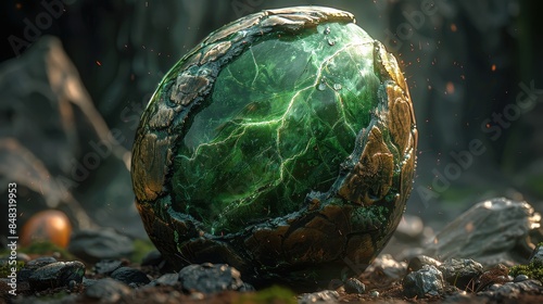 A green, glowing egg in a dramatic natural setting sparks a sense of mystery and fantasy