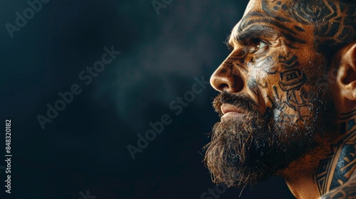 A close-up portrait of a prehistoric mans face with intricate tattoos