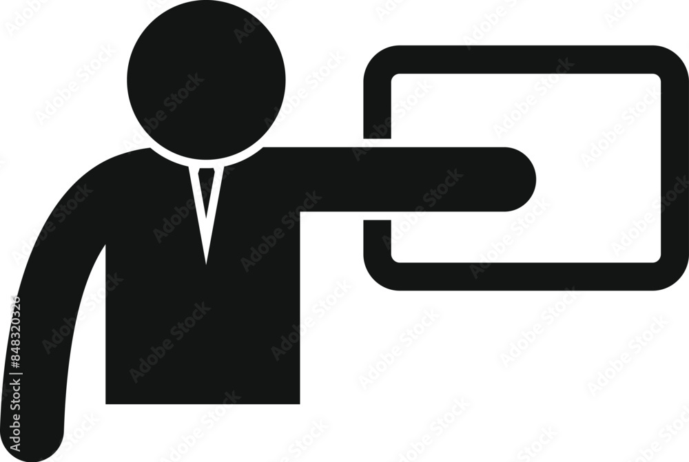 Businessman is pointing at a blank sign, inviting you to add your own text or message Businessman is pointing at a blank sign, inviting you to add your own text or message