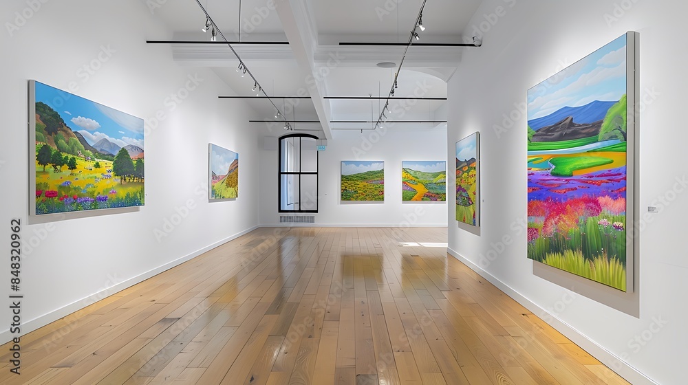 Obraz premium A contemporary art gallery with white walls and polished wooden floors, displaying a curated collection of vibrant landscape paintings that bring nature indoors.