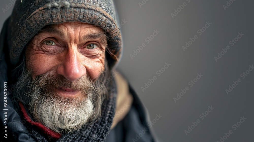 An elderly homeless man with a kind smile An elderly homeless man with a kind smile