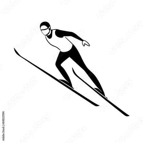  Silhouette of a ski jumper soaring through the air in a characteristic forward lean position