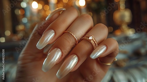 Close-up of a hand with elegant pearl nails and rings in a luxurious setting