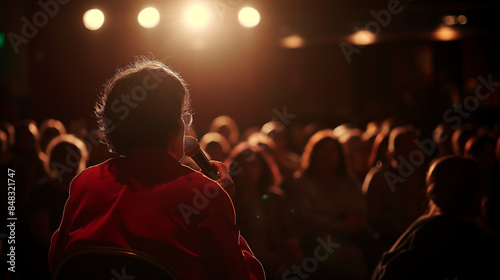 Narrator captivating an audience at a live storytelling event, dramatic spotlighting, right third copy space