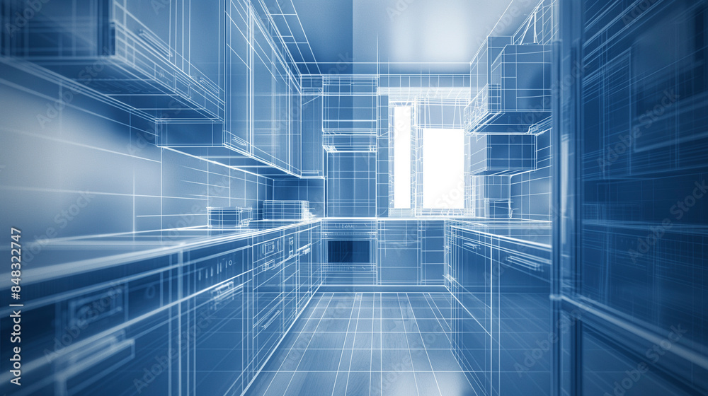 Obraz premium Modern Kitchen Interior Design Wireframe Rendering