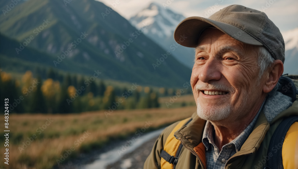 An elderly traveler with a backpack enjoys the view of the picturesque mountains and autumn forest.