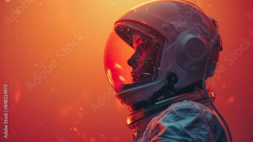 Profile of an astronaut in a space helmet with a red background