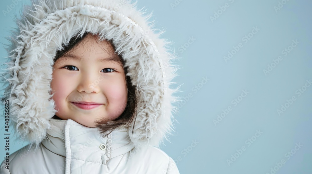 A young girl in a white hooded coat smiles warmly against a blue backdrop A young girl in a white hooded coat smiles warmly against a blue backdrop