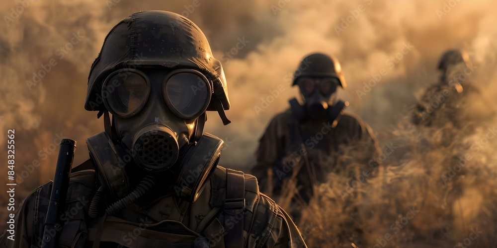 Soldiers in gas masks prepared for battle in a smoky environment. Concept Military, Gas Masks, Battle Preparation, Smoky Environment, Soldiers