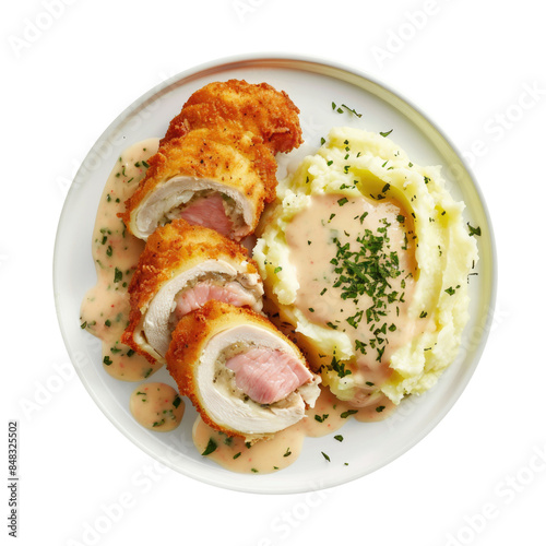 A Plate of Chicken Cordon Bleu with Mashed Potatoes Isolated on a Transparent Background