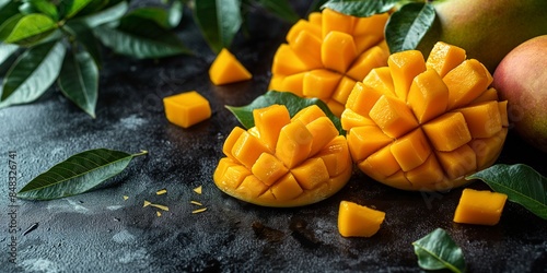 Mango halves on dark textured background. Tropical fruit and healthy eating concept  photo