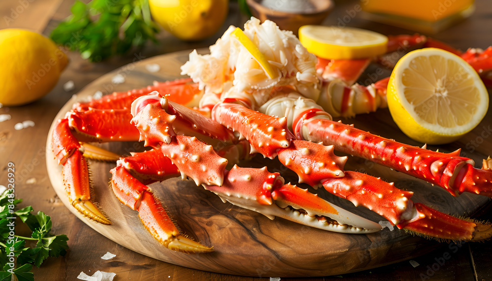 Cooked Organic Alaskan King Crab Legs with Butter and lemons on wood plate Cooked Organic Alaskan King Crab Legs with Butter and lemons on wood plate
