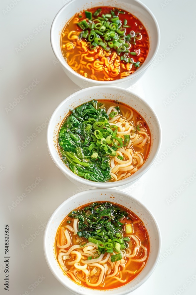 Three Bowls of Ramen Noodles With Toppings Three Bowls of Ramen Noodles With Toppings