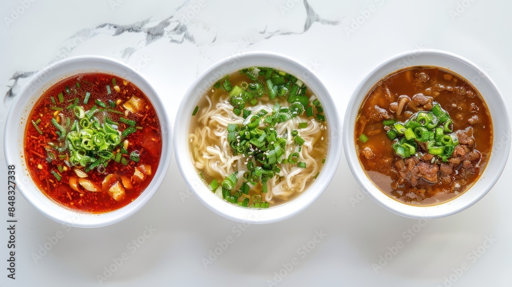 Three Bowls of Ramen Noodles With Toppings Three Bowls of Ramen Noodles With Toppings