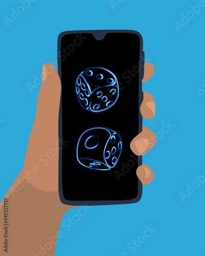 Vector isolated illustration of online casino. Casino playing dice on the mobile phone screen.