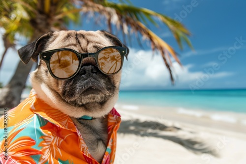 A close-up portrait photo of a cute fashionable pug dog wearing sunglasses and a Hawaiian shirt, with a beach in the background. Vacation concept.