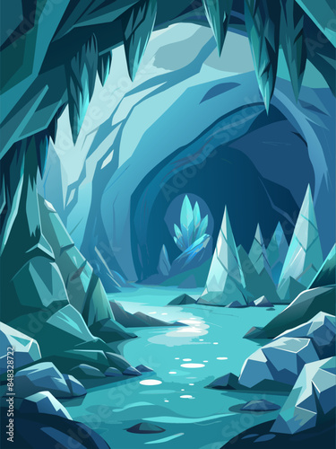A blue cave with a river running through it. The cave is full of ice and rocks. Scene is cold and mysterious