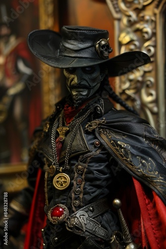 A man in a black hat and black costume with a red and gold belt