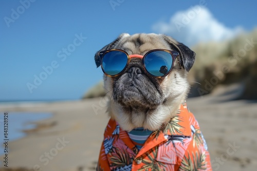 A close-up portrait photo of a cute fashionable pug dog wearing sunglasses and a Hawaiian shirt, with a beach in the background. Vacation concept. © Mark G