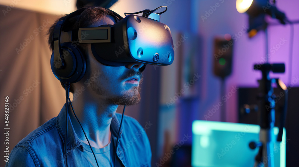 Voice actor recording for a VR experience, immersive tech setup, bottom third copy space Voice actor recording for a VR experience, immersive tech setup, bottom third copy space